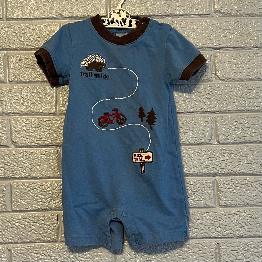 Gymboree Blue Baby Boy Romper with Embroidered Nature Bike Design 6-12 Months